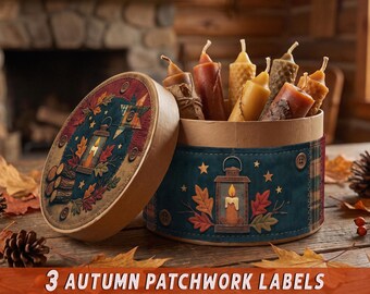 Printable Autumn Patchwork Faux Box Labels, Primitive Craft Fall Decor, Cozy Quilted Rustic Stickers