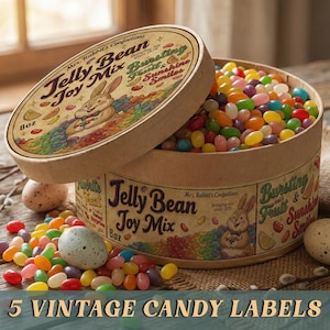 May include: A round cardboard box labeled "Jelly Bean Joy Mix" filled with colorful jelly beans. The lid features a rabbit illustration. The box is open, revealing the candy inside. The image includes decorative eggs and the text "5 VINTAGE CANDY LABELS".