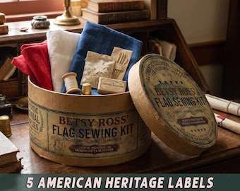 Paquete de etiquetas con la bandera de Betsy Ross, decoración colonial vintage imprimible, artesanía patriótica primitiva, herencia estadounidense.