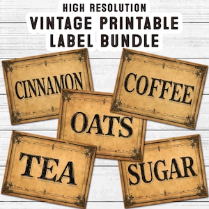 May include: A bundle of five rectangular vintage-style printable labels with tan parchment-colored backgrounds and black decorative borders. The labels feature the black text: CINNAMON, COFFEE, OATS, TEA, and SUGAR. The top text reads HIGH RESOLUTION VINTAGE PRINTABLE LABEL BUNDLE.