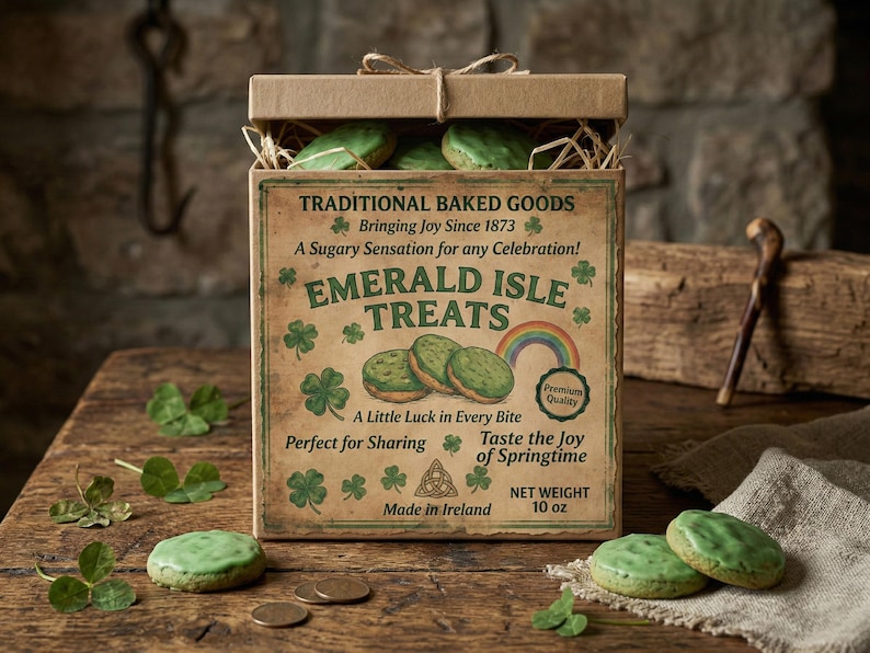 May include: A box of "Emerald Isle Treats" with green frosted cookies, shamrock illustrations, and text. The box is on a wooden table with loose shamrocks and coins. The box reads "Traditional Baked Goods" and "Made in Ireland".