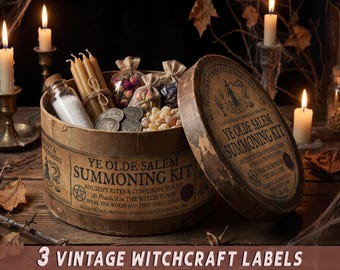 Vintage Witchcraft Salem Summoning Kit Labels, Printable Halloween Apothecary Decor, DIY Primitive Craft Stickers