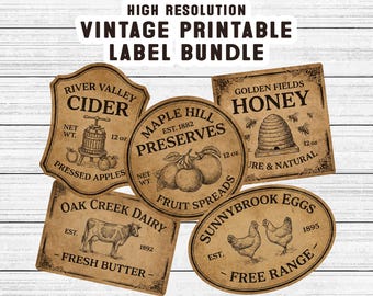 Printable Vintage Farm Label Bundle, Rustic Pantry Jar Stickers (Digital Download)