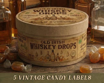 Vintage Irish Whiskey Candy Label Bundle, Printable St Patricks Day Stickers, Rustic Kitchen Tags