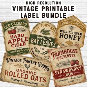 Vintage Pantry Label Bundle, Printable Farmhouse Jam, Cider, Honey & Oats Kitchen Stickers, Rustic Decor