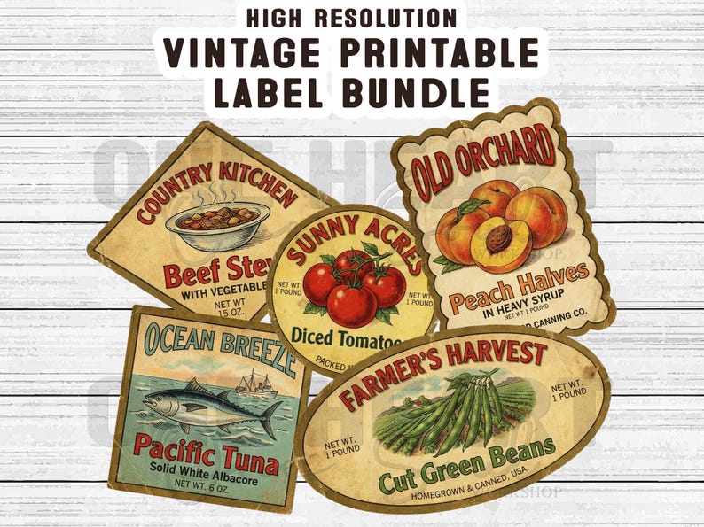 Vintage Food Can Labels Printable Bundle, Rustic Kitchen Decor, DIY ...