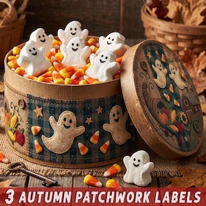 Utskrivbara Halloween-lapptäcksetiketter med godismajs, primitivt spökhöstpyssel, vintage folkkonstpumpa