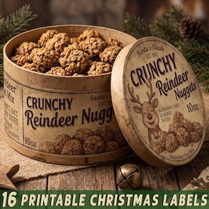 May include: A round cardboard container filled with oat clusters, labeled Crunchy Reindeer Nuggets, Santa's Stash Est. 1912, 10oz. The lid features a reindeer illustration and the same text. The container is tan with dark brown vintage-style typography.