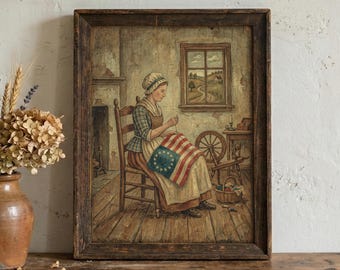 Betsy Ross Flag Painting, Primitive Folk Art Printable, Vintage Americana Poster, Rustic Colonial Decor