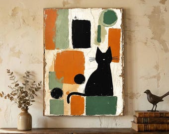 May include: Abstract art print featuring a black cat silhouette against a backdrop of geometric shapes in orange, green, and black. The artwork has a textured, aged appearance, mounted on a wooden frame. A decorative piece for home decor.