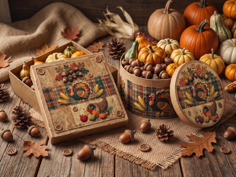 May include: A square and a round cardboard box decorated with fabric patches featuring turkeys, corn, and fruit. The boxes are filled with acorns and small pumpkins, surrounded by pinecones, loose acorns, and autumn leaves on a wooden surface.
