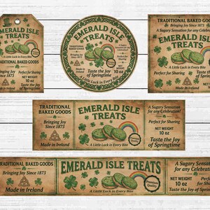 May include: A collection of vintage-style labels and tags for "Emerald Isle Treats." The designs feature green shamrocks, rainbow illustrations, and text that reads "Traditional Baked Goods" and "A Little Luck in Every Bite."