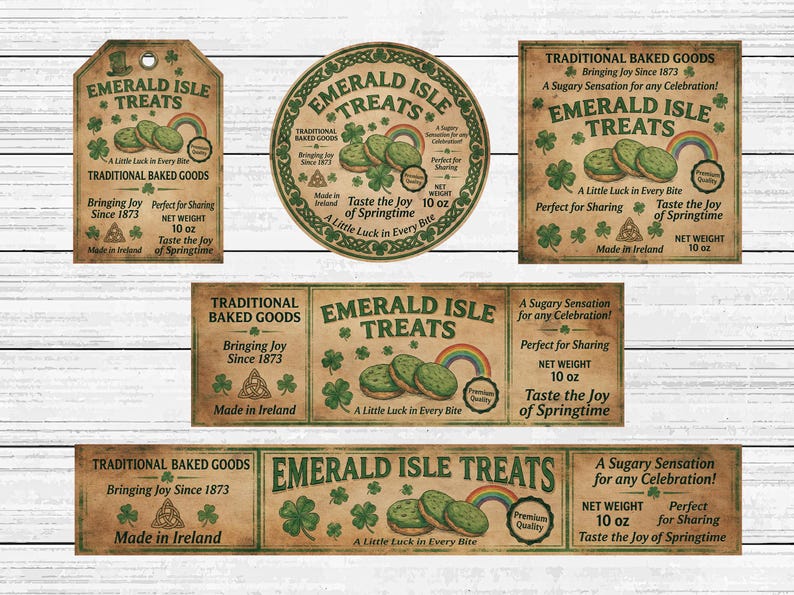 May include: A collection of vintage-style labels and tags for "Emerald Isle Treats." The designs feature green shamrocks, rainbow illustrations, and text that reads "Traditional Baked Goods" and "A Little Luck in Every Bite."