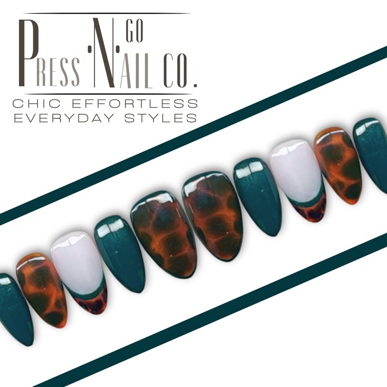 15 Piece Rich Tortoise Shell Press-On Nail Set with Mix & Match Accent Nails in Sheer White and Green
