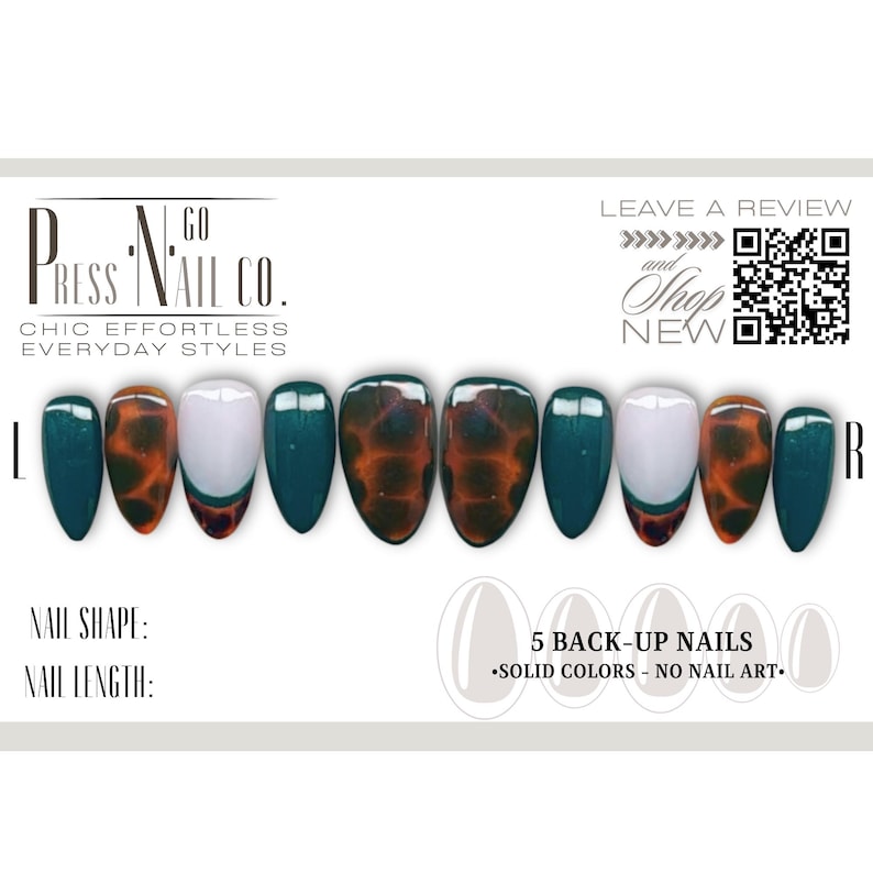 15 Piece Rich Tortoise Shell Press-On Nail Set with Mix & Match Accent Nails in Sheer White and Green