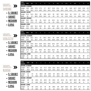 Après Nails Detailed Sizing Chart with shapes, lengths, and width.