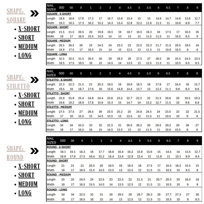 Après Nails Detailed Sizing Chart with shapes, lengths, and width.