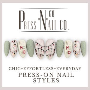 May include: A set of press-on nail styles with various designs. The nails feature a mix of colors, including light green, white, and red. Some nails have a textured pattern, while others display holiday-themed graphics and the text "HO HO HO". The brand name "PRESS-ON NAIL CO." is at the top.