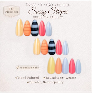 Sassy Stripes Press On Nails - Soft Bright Colors, Simple Chic Hand Painted, Custom Reusable Après Set