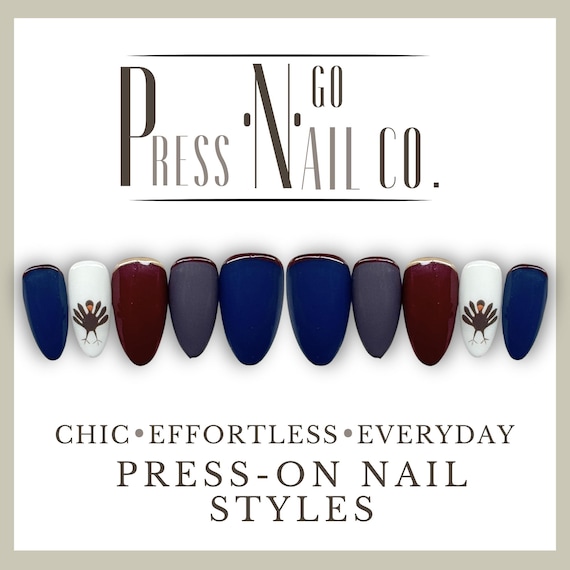 Thanksgiving Turkey Nail Art Press-Ons: Reusable Burgundy, Gray & Blue Gel Nails for Fall