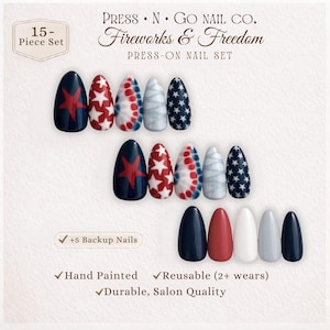 Fireworks & Freedom Press-On Nails - Festive Patriotic Red White Blue, Custom Reusable Après Set