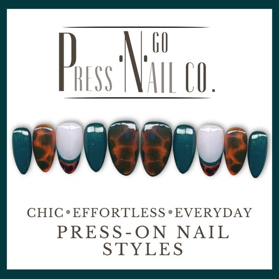 Autumn-Inspired Tortoise Shell & Green Press-On Nails: Reusable Handmade Gel Manicure Set