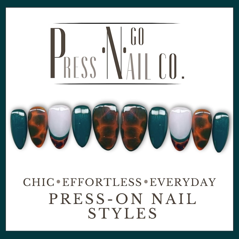 15 Piece Rich Tortoise Shell Press-On Nail Set with Mix & Match Accent Nails in Sheer White and Green