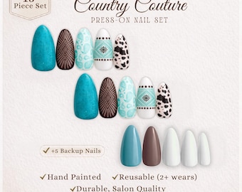 Western Press On Nails, Cow Print Turquoise Paisley Nail Art, Hand Painted Almond Gel X, Country Rodeo Boho Custom Reusable Gift Set