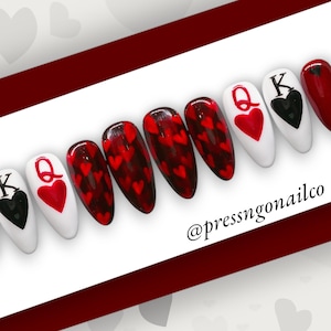 Black Cherry Queen of Hearts Press-On Nails | Valentine’s Day Nail Art | Reusable Custom False Nail Set | Clean and Classy Nail Design
