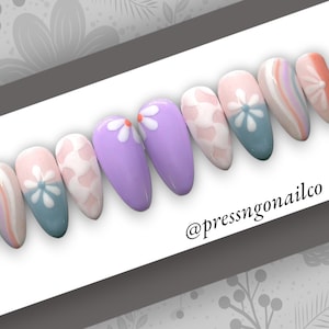 Pastel Daisy Press On Nails | Rainbow Swirl Nail Art, Muted Abstract Designs, Mix and Match False Nails, Soft Summer Nail Vibes