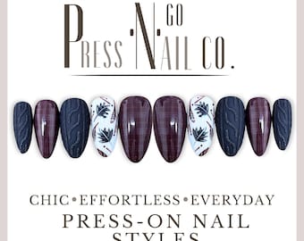 Plaid Press On Nail Set, Fall Hand Painted Knit Sweater Press Ons, Burgundy Leaf, Gift for Her