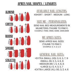 Shapes: Almond, Coffin, Square, Round, Stiletto. •Lengths: X-Short, Short, Medium & Long. •Nail Sizes: 00, O, 1, 2, 3, 4, 4.5, 5, 5.5, 6, 6.5, 7, 8, 9.