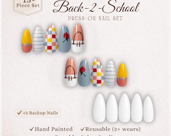 Back to School Press On Nails, Custom Teacher Press Ons, Reusable Almond Gel X, Hand Painted Handmade Set