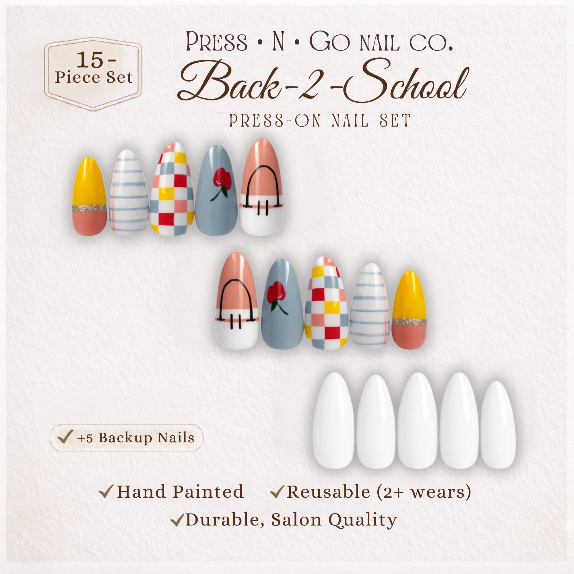 Back to School Press On Nails, Custom Teacher Press Ons, Reusable Almond Gel X, Hand Painted Handmade Set