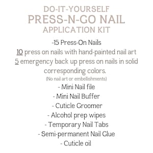 Complete Set Includes:
15 Hand-Painted, Reusable Après Nails (10 with designs + 5 matching solids)
Mini Nail File & Buffer
Cuticle Care: Grooming Stick & Oil
Nail Prep Alcohol Pads
Temporary Sticky Tabs
Semi-Permanent Nail Glue