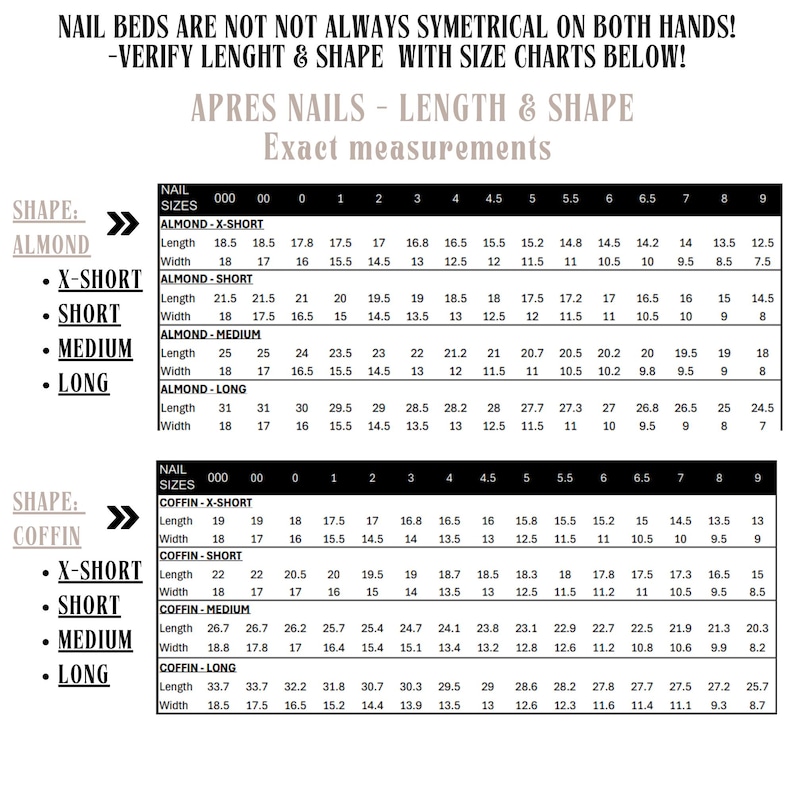 Après Nails Detailed Sizing Chart with shapes, lengths, and width.