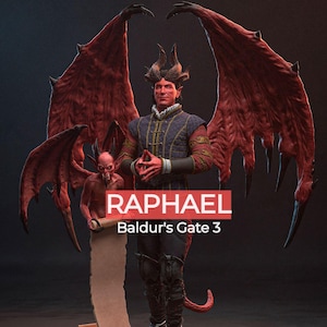 Peut inclure: Figurine détaillée de Raphael de Baldur's Gate 3. La figurine a des ailes, des cornes et une queue rouges, vêtue d'une tenue bleue et dorée détaillée. La base est dorée, et le texte "RAPHAEL Baldur's Gate 3" est affiché.