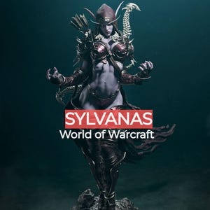 Peut inclure: Statue détaillée de Sylvanas, personnage féminin de World of Warcraft. La figurine porte une armure sombre avec des accents rouges, un arc et des flèches, et une colonne vertébrale squelettique. La statue repose sur une base rocheuse, avec le texte "SYLVANAS World of Warcraft" en bas.