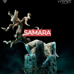 May include: A detailed statue of Samara from the horror film, The Ring, emerging from a well. The figure has long black hair and a tattered gown. The word "SAMARA" is displayed in a red box. A gnarled tree is behind the figure.