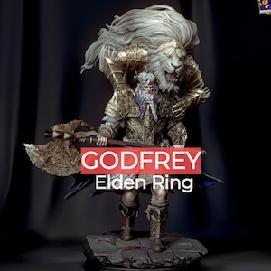 May include: A detailed statue of Godfrey from Elden Ring. The figure is clad in ornate gold armor and holds a large axe. A lion's head with a flowing mane is positioned behind the figure. The text "GODFREY Elden Ring" is displayed on the base.
