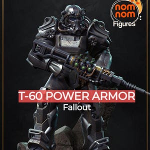 May include: A detailed figure of T-60 Power Armor from Fallout, in a dynamic pose. The figure is primarily dark gray with intricate mechanical details, holding a weapon. The text "T-60 POWER ARMOR Fallout" is displayed. The figure is on a rocky base.