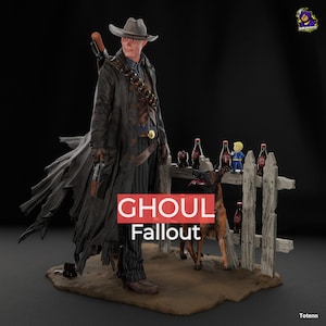 May include: A detailed figurine of a character from Fallout, a ghoul, wearing a hat and long coat, holding a gun. The figure stands near a wooden fence with bottles and a dog. The text "GHOUL Fallout" is displayed.