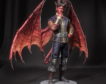 May include: A red-skinned figure with horns and wings stands on a circular base. The figure is wearing a dark blue and gold outfit with a long tail. The wings are large and red with a textured surface.