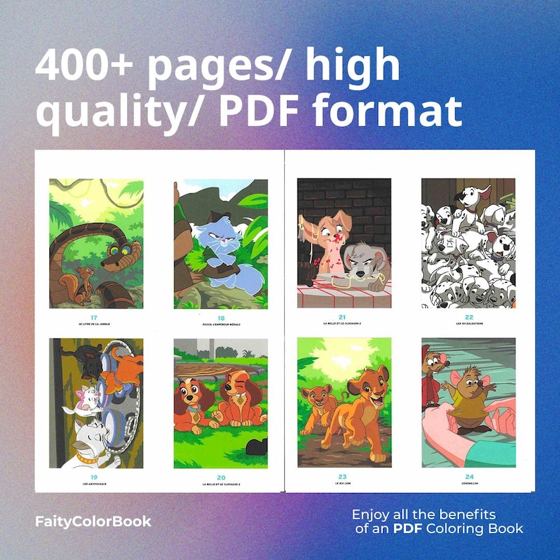 May include: A colorful PDF coloring book with illustrations of animated characters. The book features images of a snake, a cat, dogs, and lions. Text on the cover reads "400+ pages/ high quality/ PDF format" and "Enjoy all the benefits of an PDF Coloring Book."