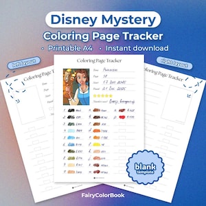 Può includere: Un tracker di pagine da colorare Disney Mystery A4 stampabile con un'illustrazione di Belle. Il tracker include sezioni per tenere traccia dei progressi di colorazione, con un modello vuoto e il testo "Download istantaneo".