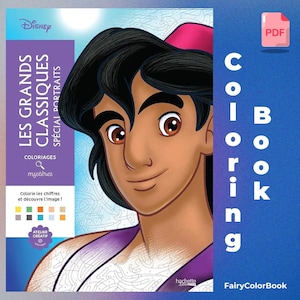 Puede incluir: Un libro para colorear de Disney con un retrato de Aladdin en la portada. El texto dice "LES GRANDS CLASSIQUES SPECIAL PORTRAITS" y "Coloring Book". Incluye un icono PDF y es de FairyColorBook.