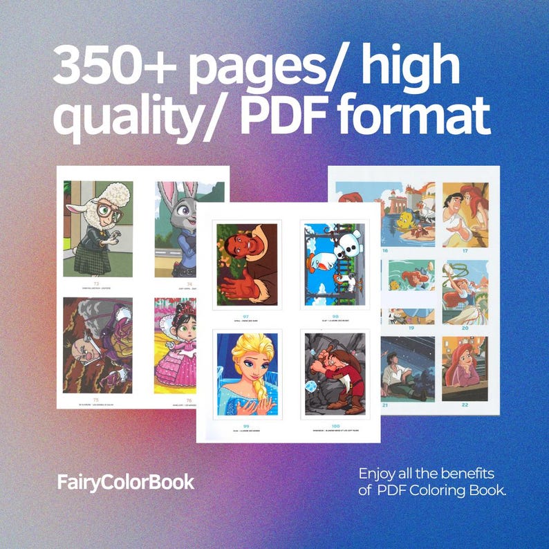 May include: A digital coloring book with illustrations of various characters. The cover displays the text "350+ pages/ high quality/ PDF format" and "FairyColorBook". The image shows several sample pages with colorful drawings.