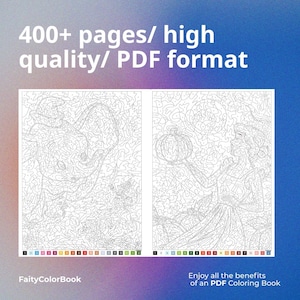 May include: A digital coloring book with two detailed illustrations, featuring line art of figures holding objects. The book is advertised as having 400+ pages and high quality in PDF format. The text "FaityColorBook" and "Enjoy all the benefits of an PDF Coloring Book" are also visible.