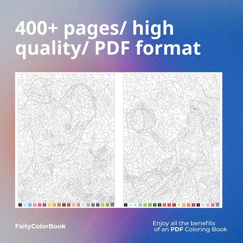 May include: A digital coloring book with two detailed illustrations, featuring line art of figures holding objects. The book is advertised as having 400+ pages and high quality in PDF format. The text "FaityColorBook" and "Enjoy all the benefits of an PDF Coloring Book" are also visible.