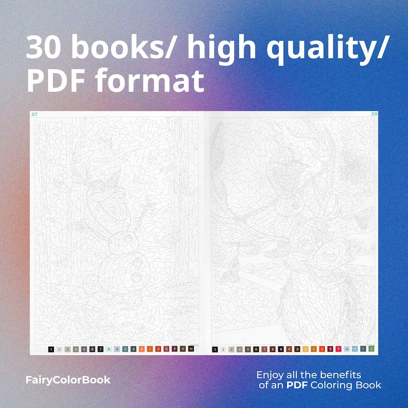 Puede incluir: Un libro abierto con dos p&aacute;ginas con dibujos lineales para colorear. El texto en la parte superior dice "30 libros/ alta calidad/ formato PDF". La parte inferior de la imagen dice "FairyColorBook" y "Disfruta de todos los beneficios de un libro para colorear en PDF."